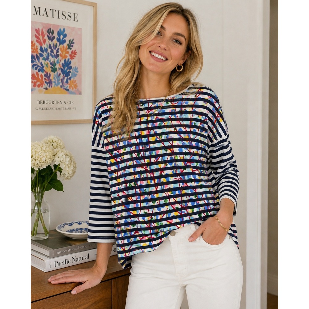 Michael De Feo for J.Crew Striped Floral Long Sleeve Tee Navy White XS G1410